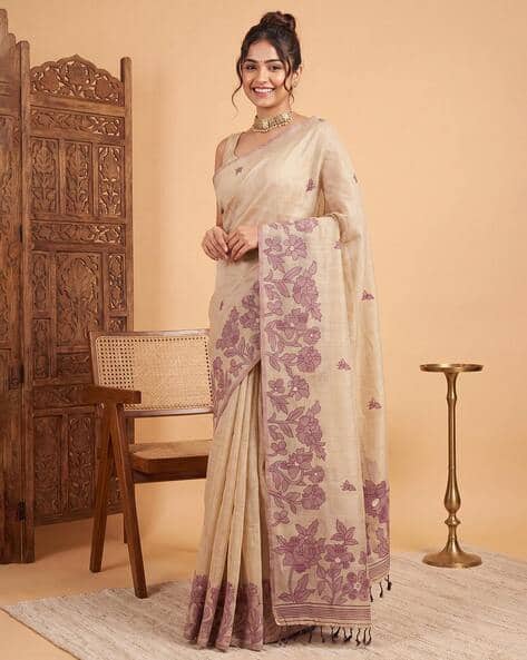 Ri-wah Women Floral Print Chanderi Cotton Saree