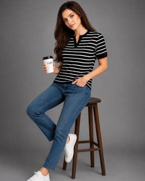 buda jeans co Women Striped Regular Fit V-Neck T-Shirt-picture-47