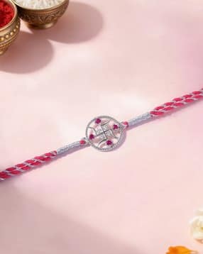 925 Silver Rhodium Plated Red Ruby Swastik Thread Rakhi with Roli Chawal for Brother-image-8