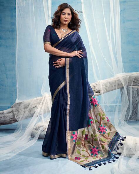 Saree mall Floral Woven Muga Silk Saree with Tassels & Latkans