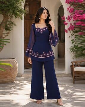 indie picks Women Embroidered Peplum Kurta & Palazzos Set-picture-46