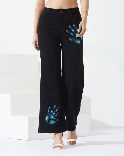 MISS CHASE Wide-Leg Jeans with Skeleton Hand Artwork & Raw Frayed Hems