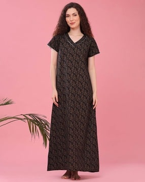 Women Floral Print V-Neck Nightie-image-31