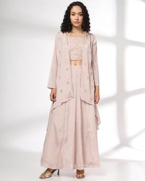 fusion Women Embroidered Top with Skirt & Jacket Set-picture-19