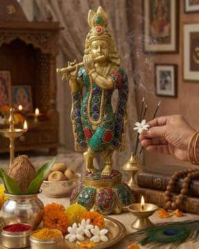 decorglobe Krishna Ji Brass Statue with Stone Work for Pooja Room-picture-53