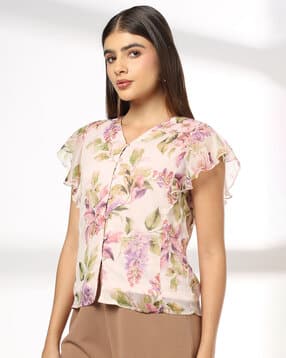 Women Floral Print Regular Fit Top with Flutter Sleeves