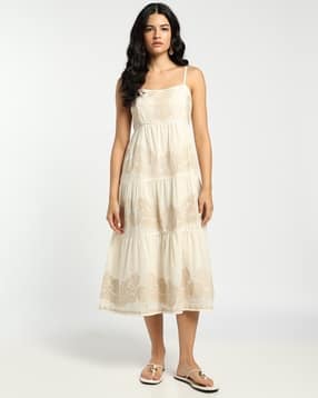 Solid Embroidered Strappy Tiered Dress-image-43