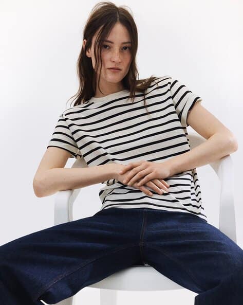 TOGS & TERRE Women Striped Oversized Fit Crew-Neck T-Shirt