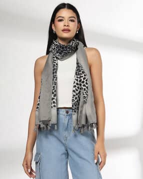 women animal print scarf with tassels
