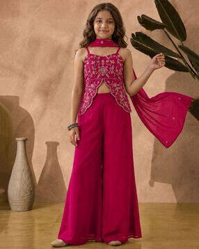 pixie n prince Girls Embroidered 3-Piece Top & Palazzo with Dupatta-picture-19
