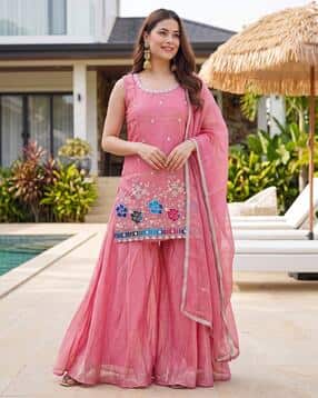 Women Embroidered Straight Kurta with Sharara & Dupatta Set-image-31