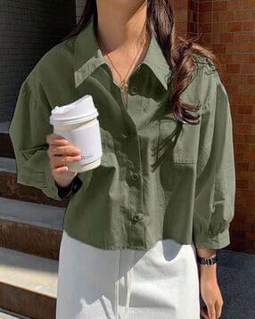Women Regular Fit Crop Shirt with Patch Pockets-image-16