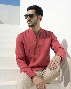 cotton blend solid mandarin-collar straight kurta