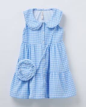 Girls Checked Tiered Dress with Peter Pan Collar-image-43