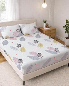 fabinaliv Floral Print 300 TC Super-King Fitted Bedsheet with 2 Pillow Covers-picture-19