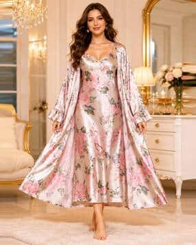 Women Floral Print Nightie & Robe Set-image-5