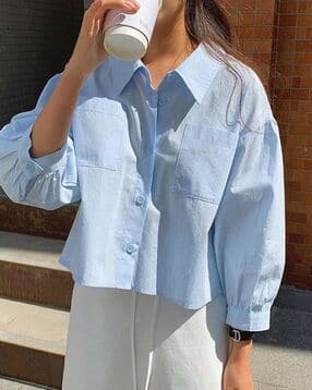 Women Regular Fit Crop Shirt with Patch Pockets-image-17