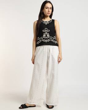 Solid Schiffli Embroidered Pants-image-35