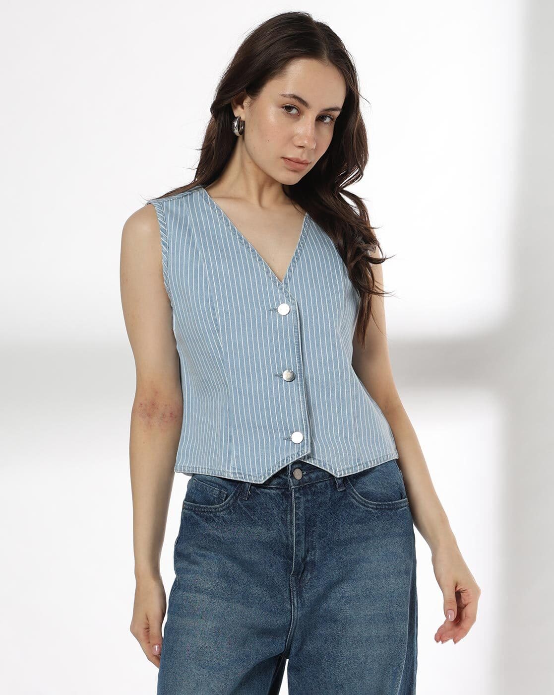 DNMX Women Striped Denim Waistcoat (Blue)