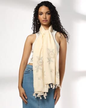 matchitt Women Floral Embroidered Scarf with Tassels-picture-52