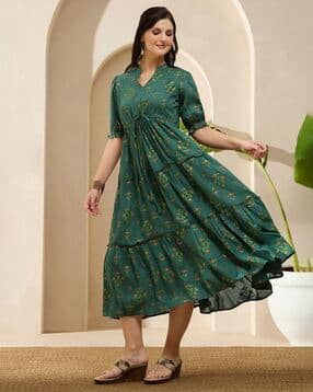 globus Women Mandarin Collar Puff Sleeves Fusion Dress-picture-24