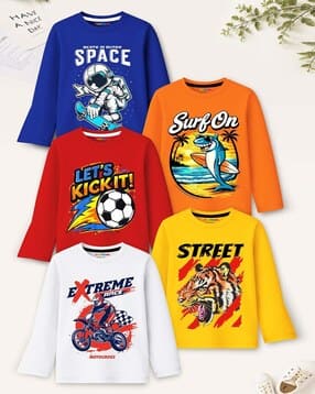 trampoline Boys Pack of 5 Typographic Print Regular Fit T-Shirts-picture-22