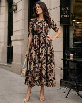 fabflee x ag Women Floral Print Fit & Flare Dress with Belt-picture-25
