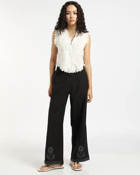 svrnaa by azorte Solid Embroidered Straight Fit Cotton Flax Pants-picture-33