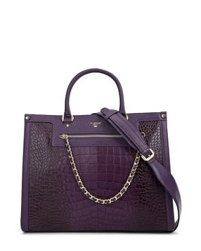Women Croc-Embossed Satchel Bag with Detachable Strap & Pouch-image-11