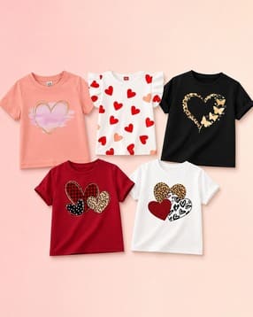 Girls Pack of 5 Graphic Print Regular Fit Round-Neck T-Shirts