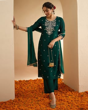 janasya Women Embroidered Straight Kurta with Pants & Dupatta-picture-31