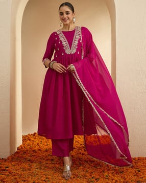 janasya Women Embroidered A-Line Kurta with Palazzos & Dupatta-picture-10