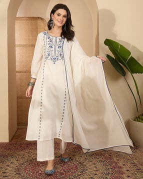 janasya Women Embroidered Straight Kurta with Pants & Dupatta -picture-49