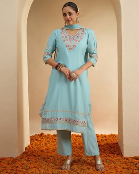 janasya Women Embroidered Straight Kurta with Pants & Dupatta-picture-34