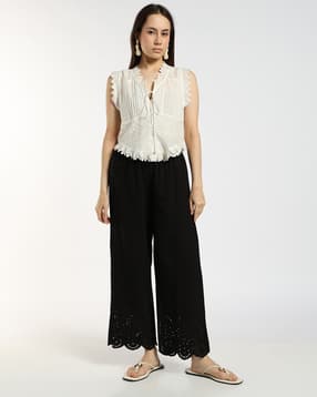 svrnaa by azorte Women Schiffli Relaxed Fit Palazzos-picture-33
