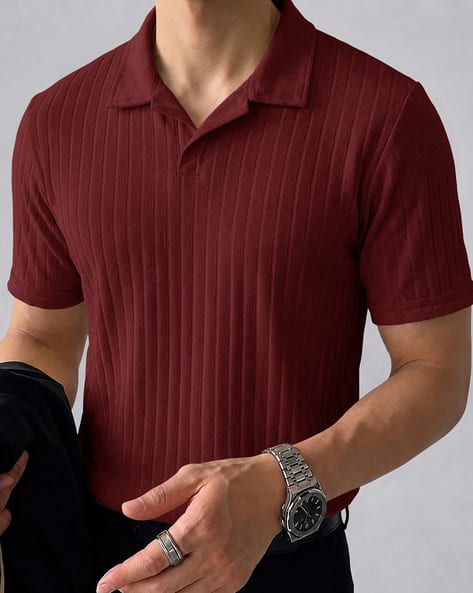 EYEBOGLER Men Ribbed Relaxed Fit Polo T-Shirt