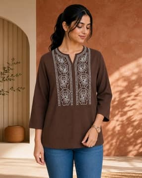 acai Women Embroidered Round-Neck Straight Fit Tunic-picture-26