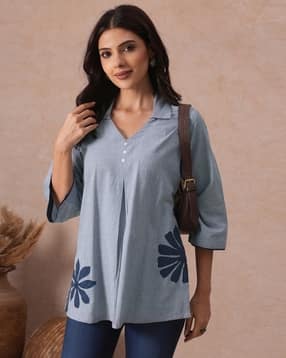 kami kubi Women Checked Relaxed Fit Tunic with Floral Applique-picture-29